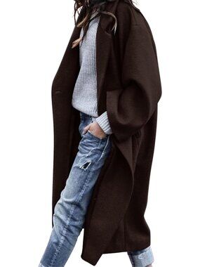 Women's Coffee Notched Collar Wool Blend Single Breast Midi Long Trench Coat